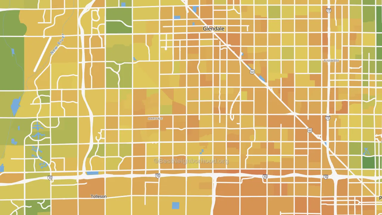 Map of the best neighborhoods in the Maryvale, Phoenix area, with better matches in green and worse matches in red