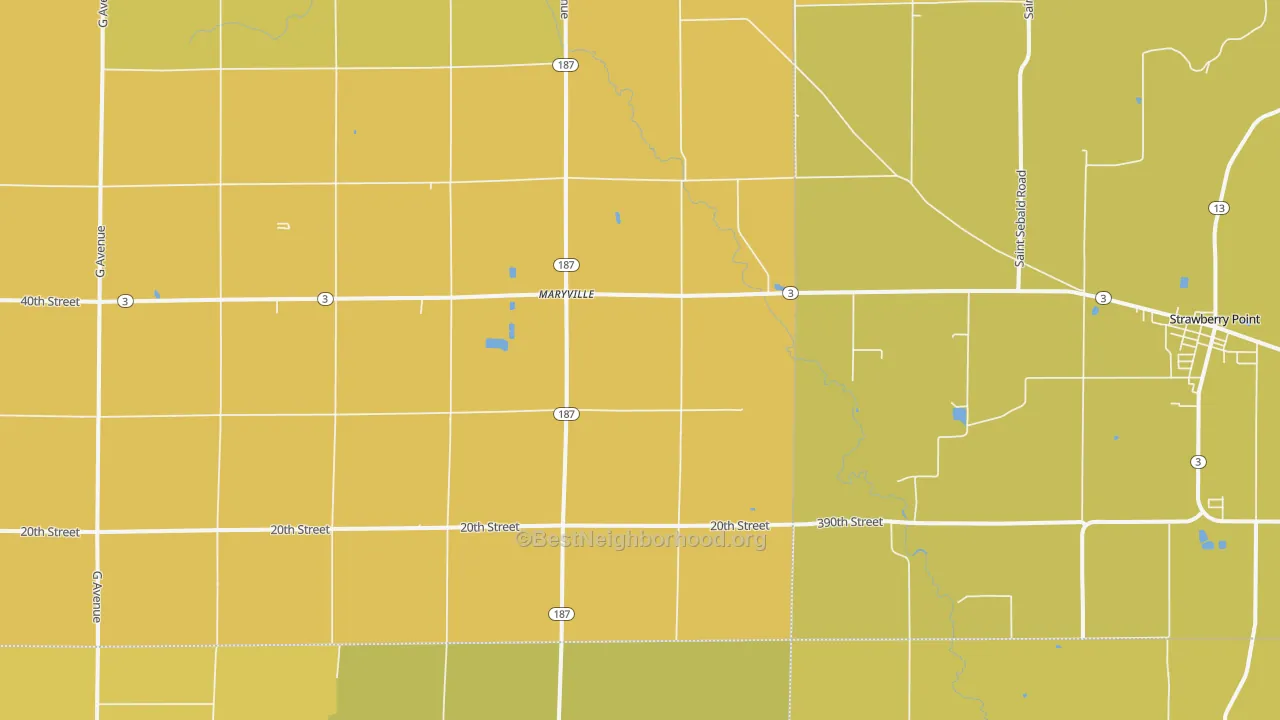 Map of the best neighborhoods in the Maryville area, with better matches in green and worse matches in red
