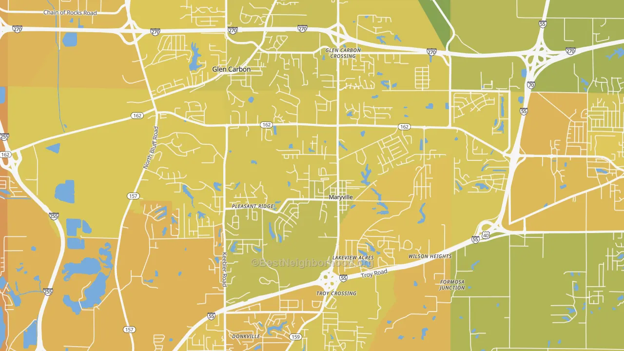 Map of the best neighborhoods in the Maryville area, with better matches in green and worse matches in red