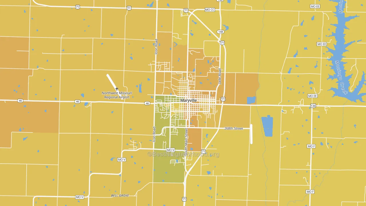 Map of the best neighborhoods in the Maryville area, with better matches in green and worse matches in red