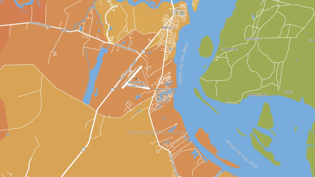 Map of the best neighborhoods in the Maryville area, with better matches in green and worse matches in red