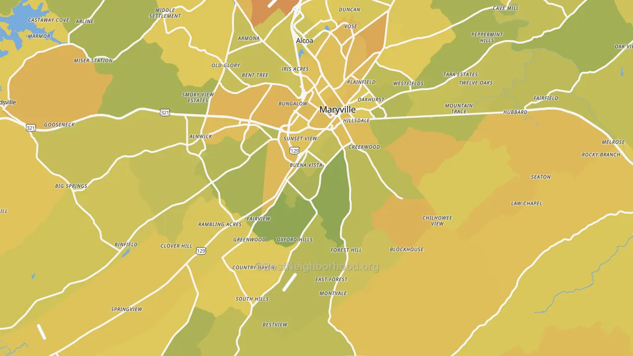 Map of the best neighborhoods in the Maryville area, with better matches in green and worse matches in red