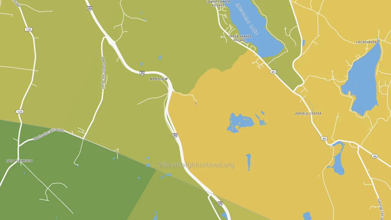 Map of the best neighborhoods in the Mascoma area, with better matches in green and worse matches in red