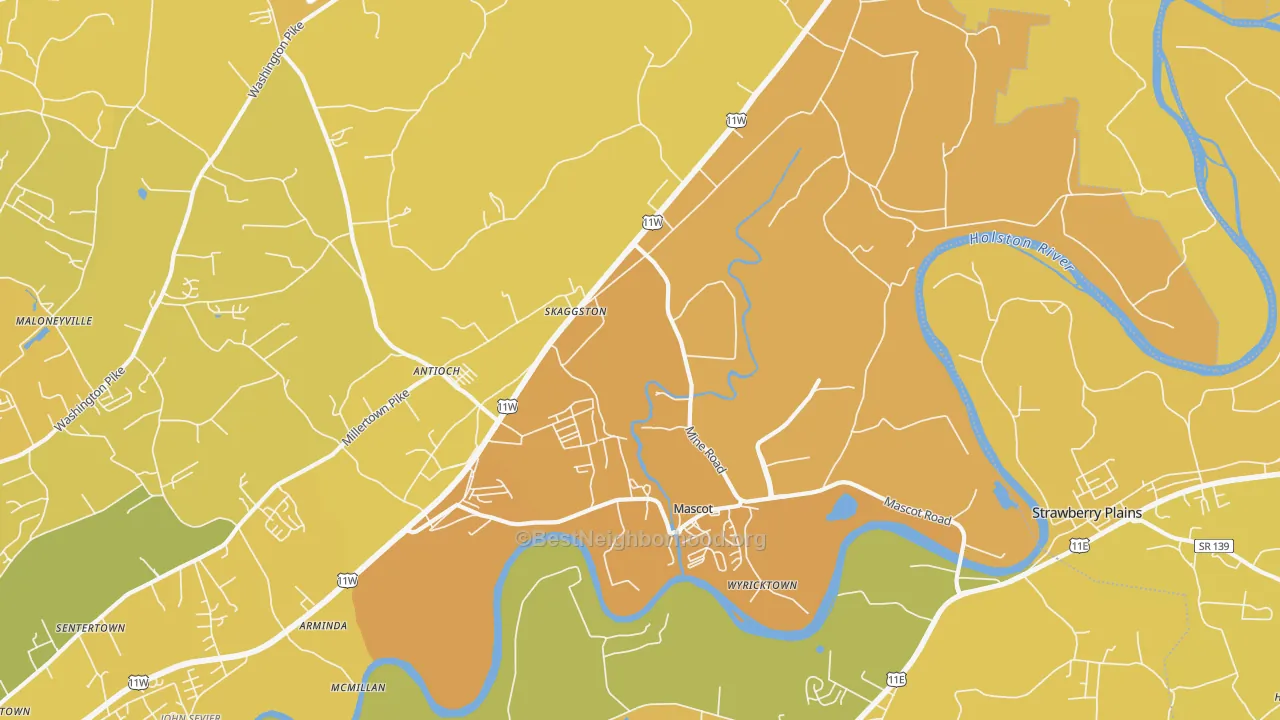Map of the best neighborhoods in the Mascot area, with better matches in green and worse matches in red