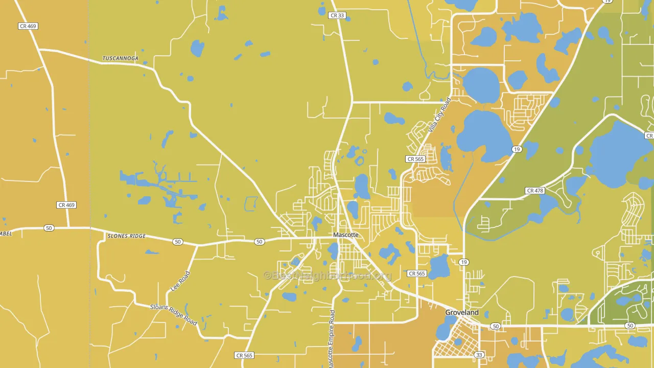 Map of the best neighborhoods in the Mascotte area, with better matches in green and worse matches in red