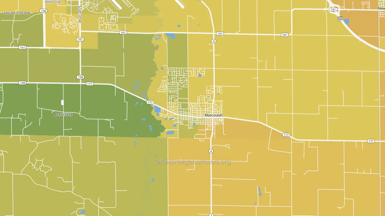 Map of the best neighborhoods in the Mascoutah area, with better matches in green and worse matches in red