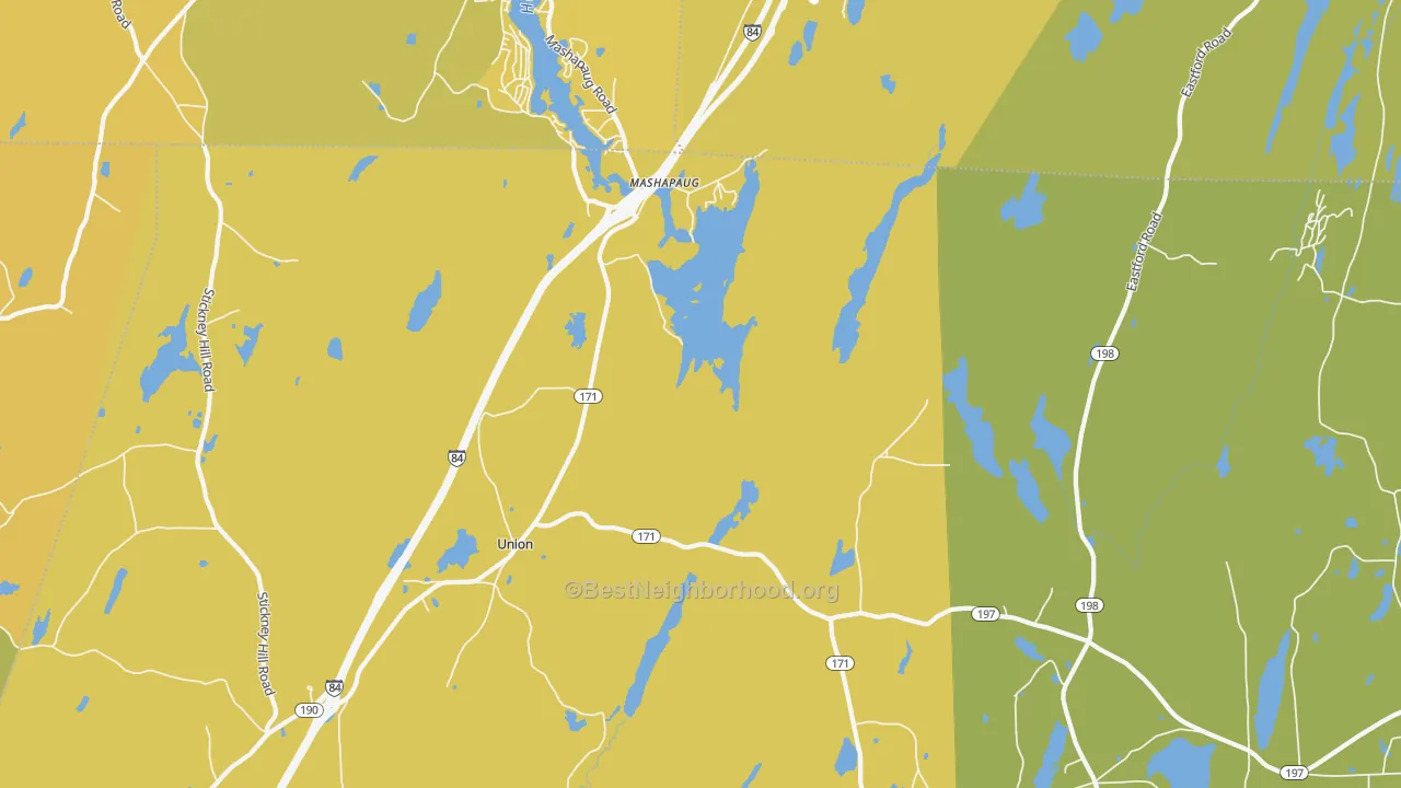 Map of the best neighborhoods in the Mashapaug area, with better matches in green and worse matches in red
