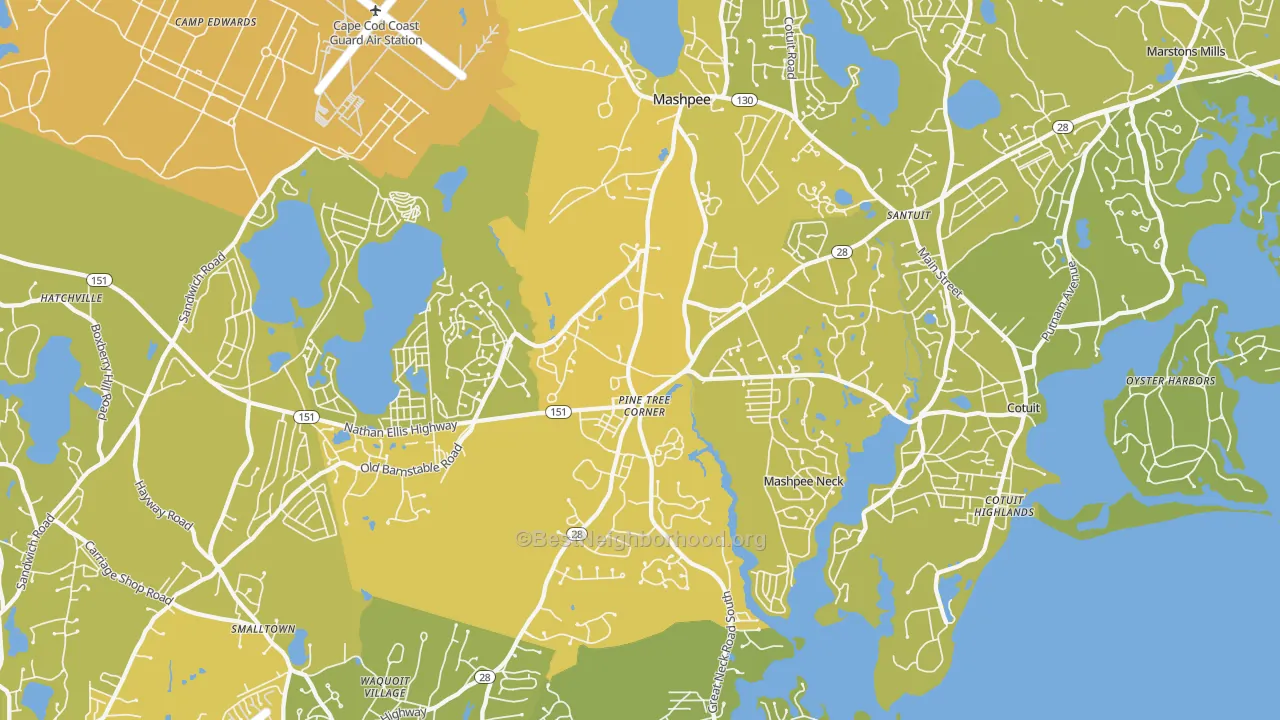 Map of the best neighborhoods in the Mashpee area, with better matches in green and worse matches in red