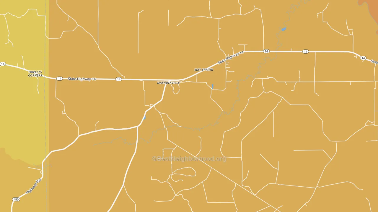 Map of the best neighborhoods in the Mashulaville area, with better matches in green and worse matches in red