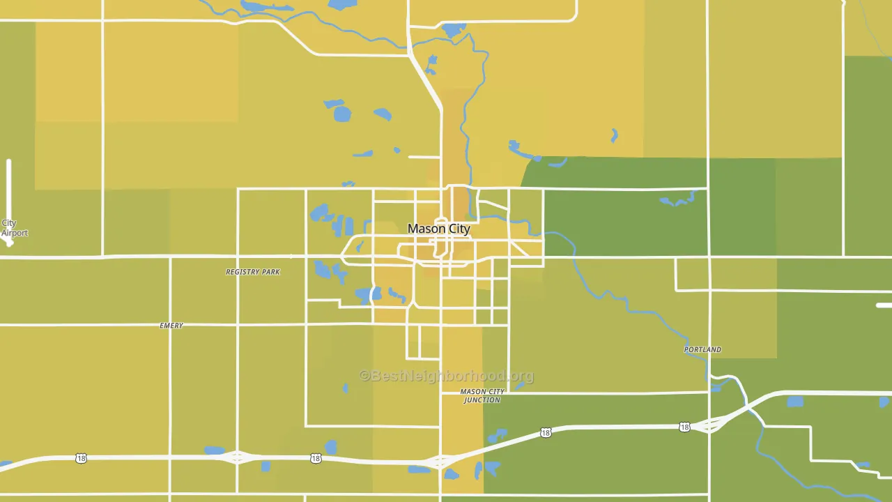 Map of the best neighborhoods in the Mason City area, with better matches in green and worse matches in red