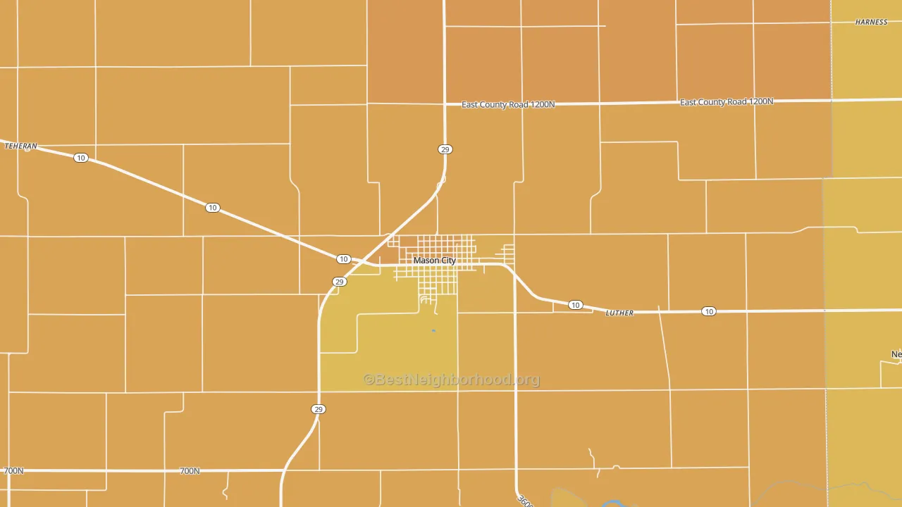 Map of the best neighborhoods in the Mason City area, with better matches in green and worse matches in red