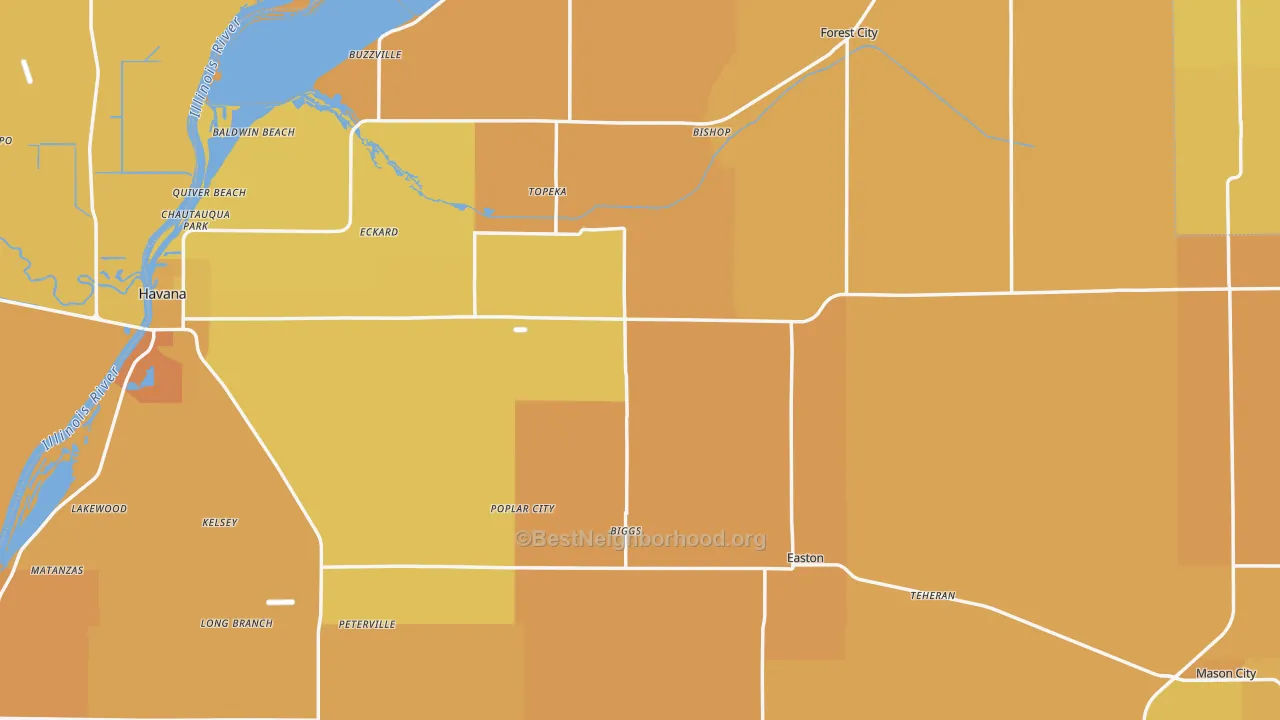 Map of the best neighborhoods in the Mason County area, with better matches in green and worse matches in red