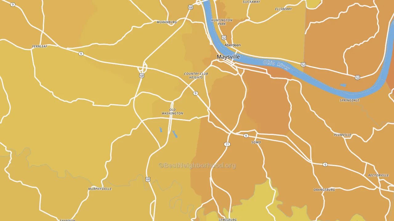 Map of the best neighborhoods in the Mason County area, with better matches in green and worse matches in red