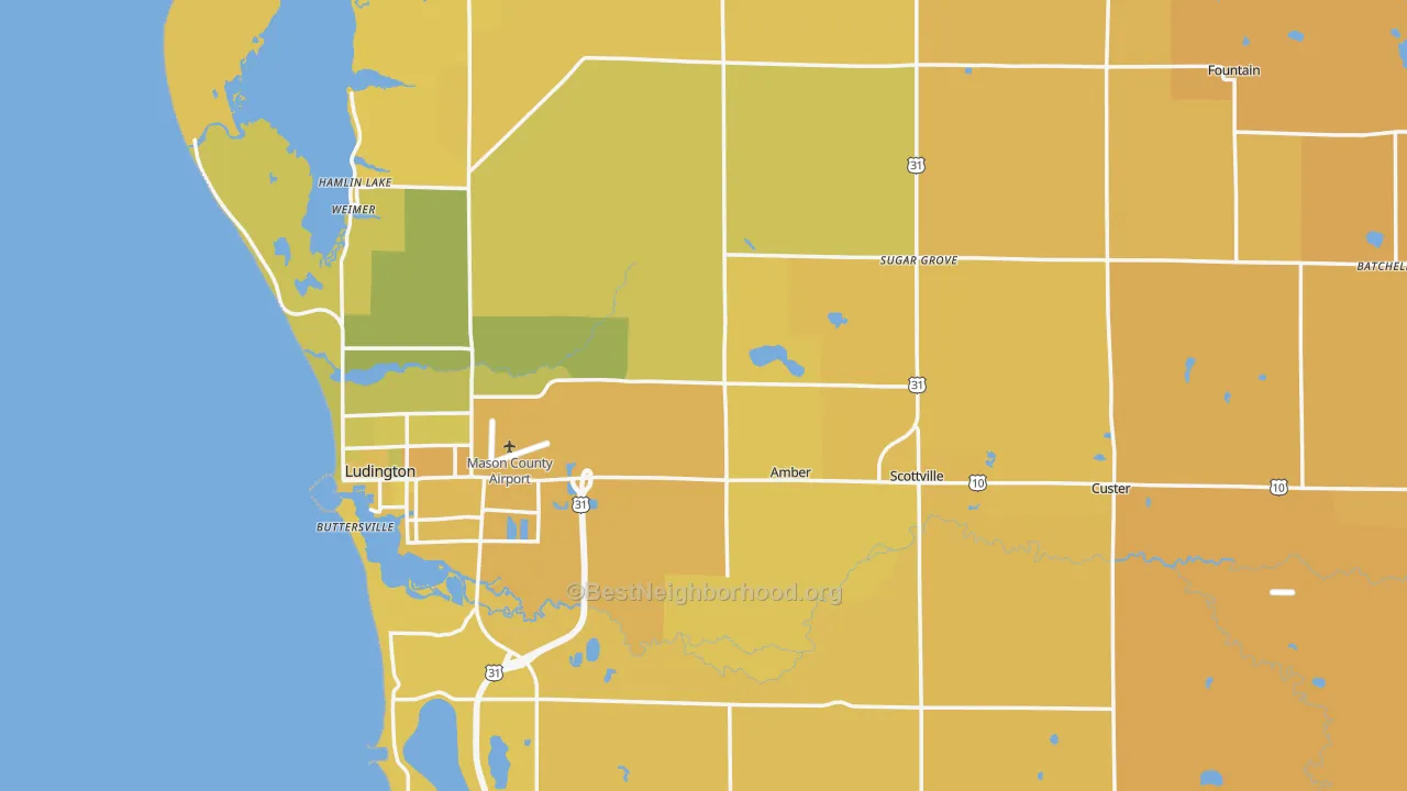 Map of the best neighborhoods in the Mason County area, with better matches in green and worse matches in red