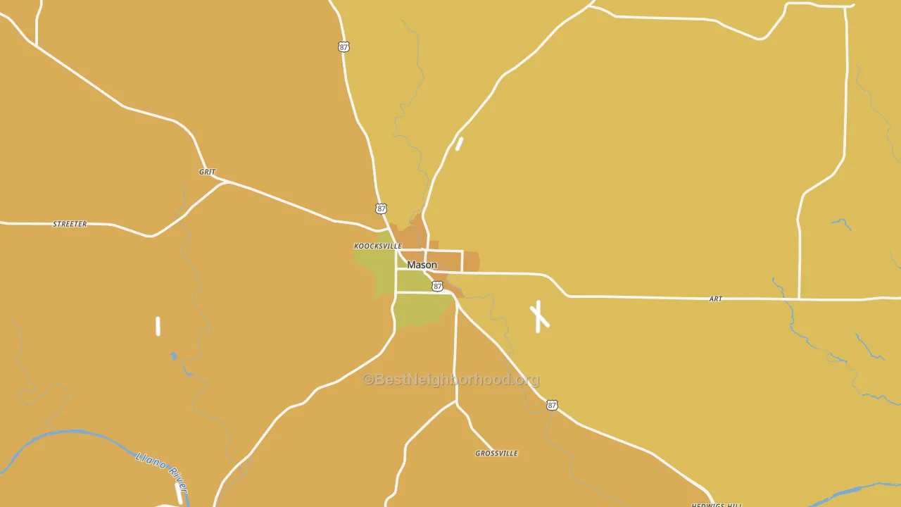 Map of the best neighborhoods in the Mason County area, with better matches in green and worse matches in red