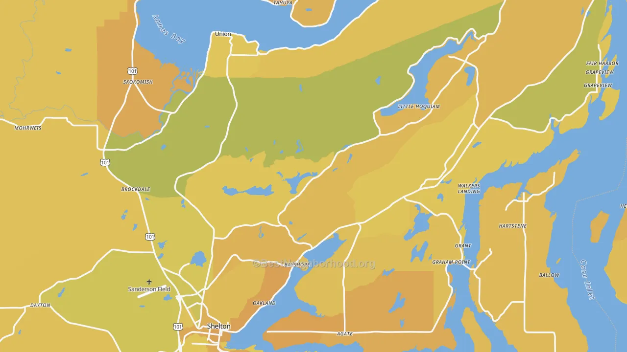 Map of the best neighborhoods in the Mason County area, with better matches in green and worse matches in red