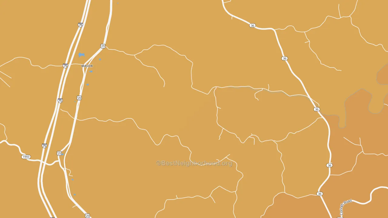 Map of the best neighborhoods in the Mason area, with better matches in green and worse matches in red
