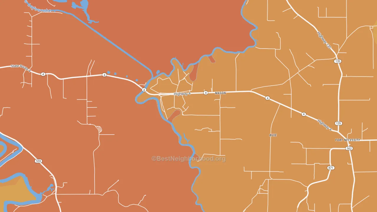 Map of the best neighborhoods in the Mason area, with better matches in green and worse matches in red