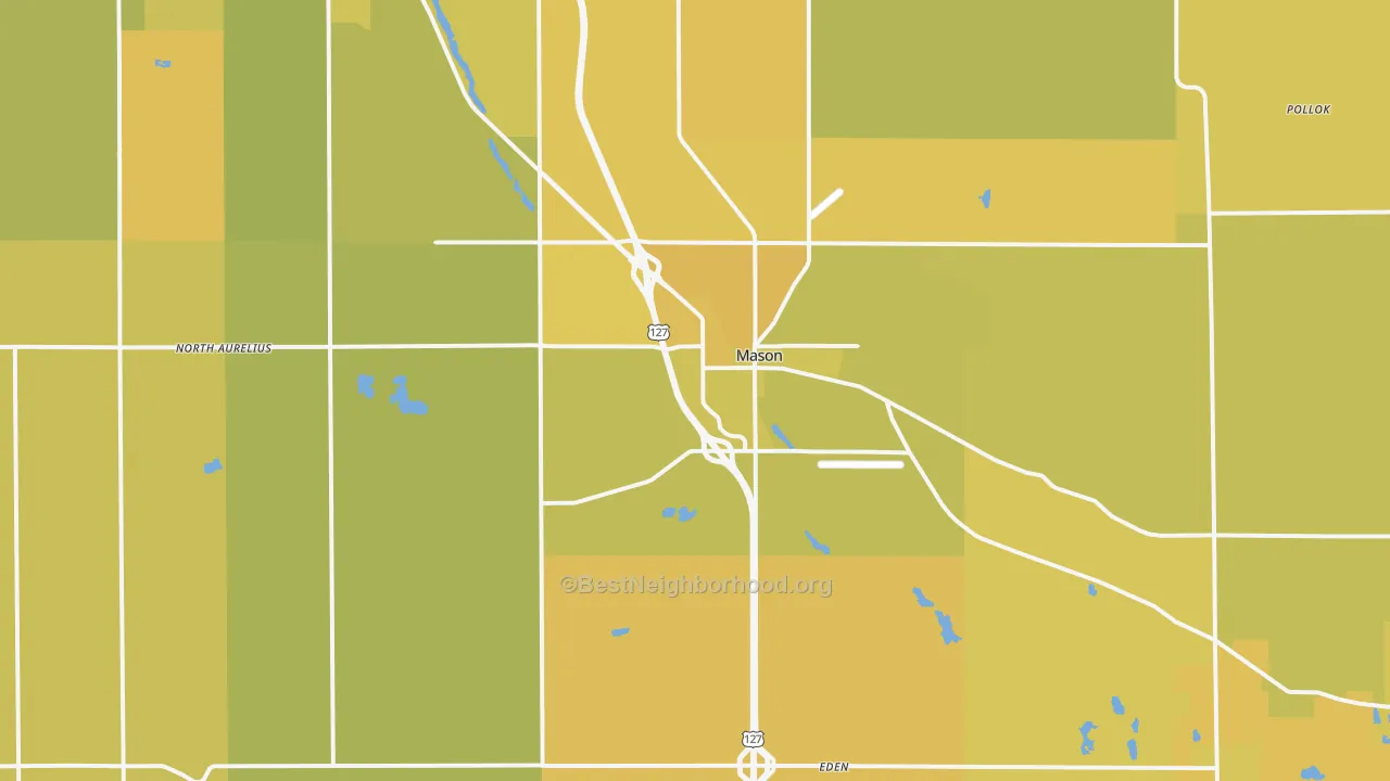 Map of the best neighborhoods in the Mason area, with better matches in green and worse matches in red