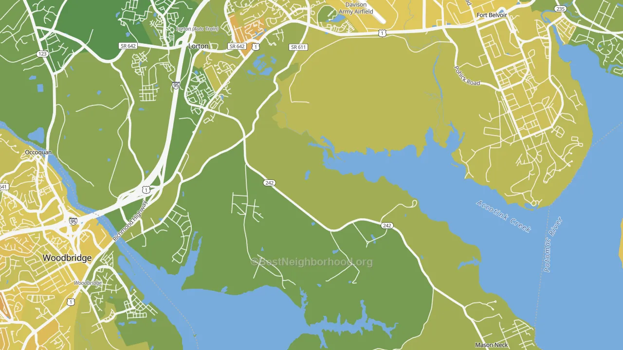 Map of the best neighborhoods in the Mason Neck area, with better matches in green and worse matches in red