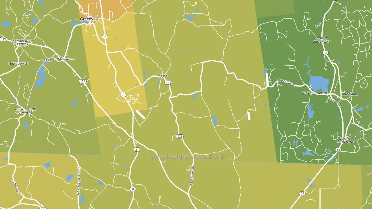 Map of the best neighborhoods in the Mason area, with better matches in green and worse matches in red