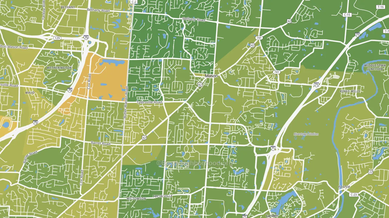 Map of the best neighborhoods in the Mason area, with better matches in green and worse matches in red