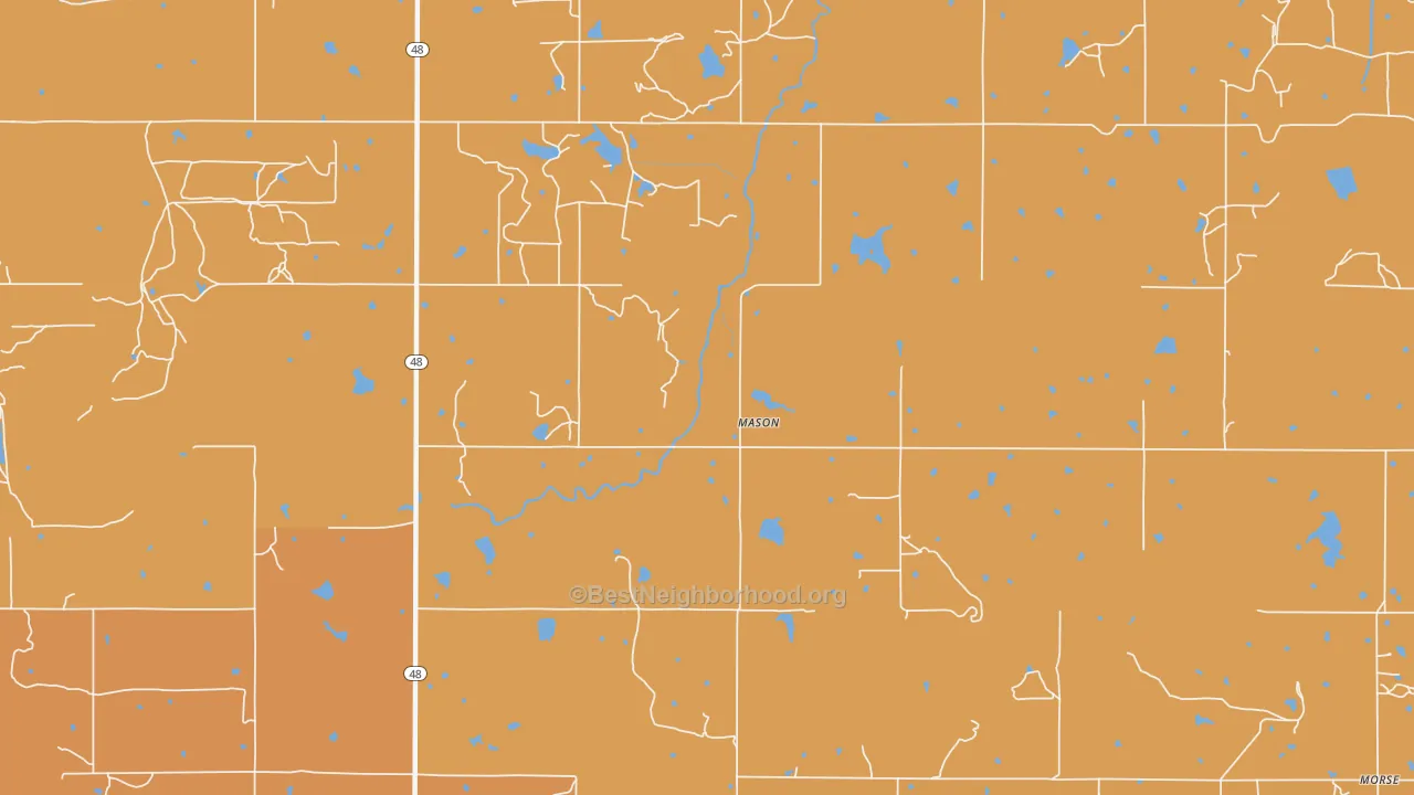 Map of the best neighborhoods in the Mason area, with better matches in green and worse matches in red