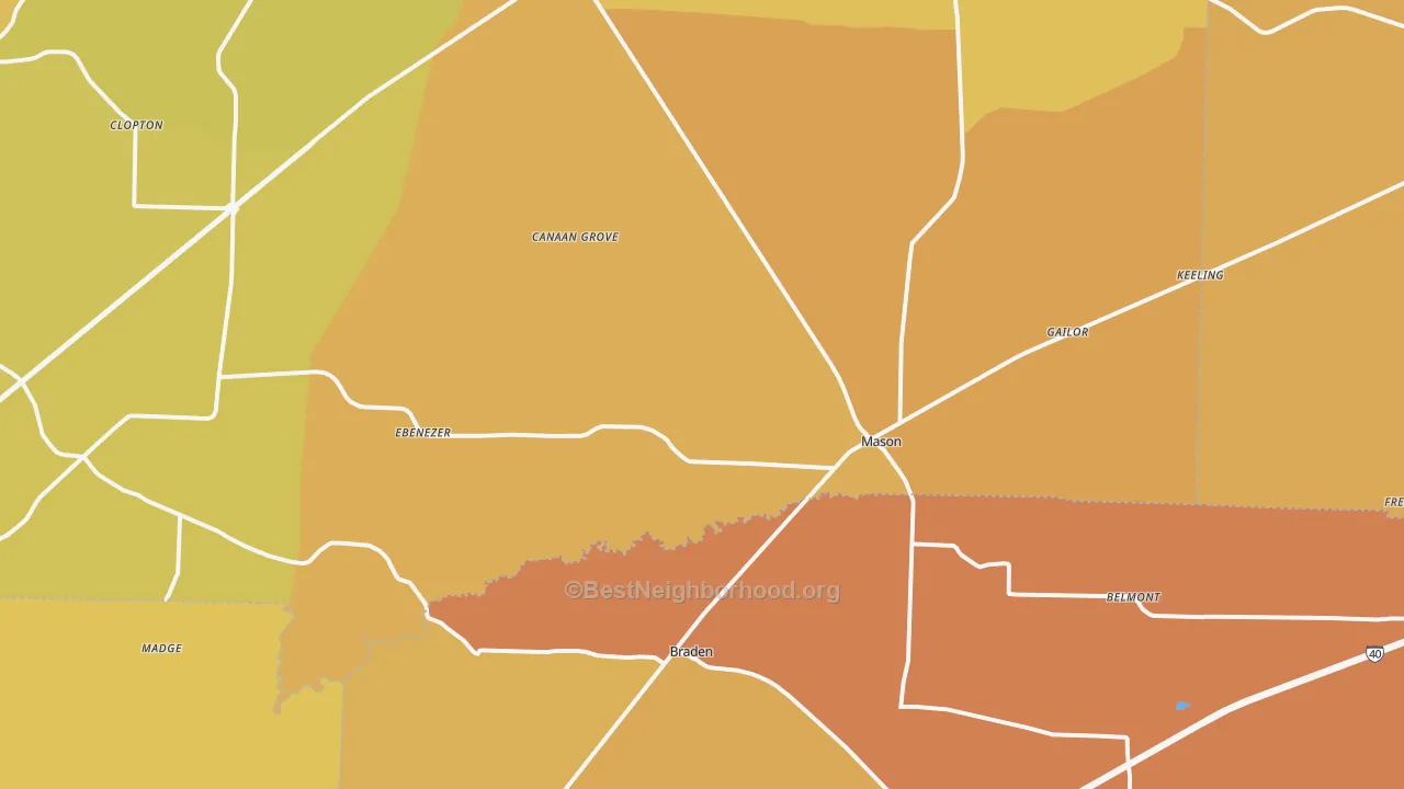 Map of the best neighborhoods in the Mason area, with better matches in green and worse matches in red