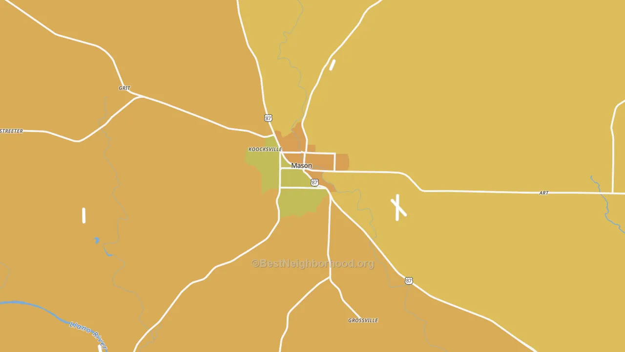 Map of the best neighborhoods in the Mason area, with better matches in green and worse matches in red