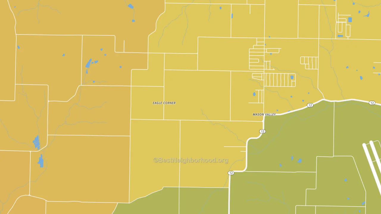 Map of the best neighborhoods in the Mason Valley area, with better matches in green and worse matches in red