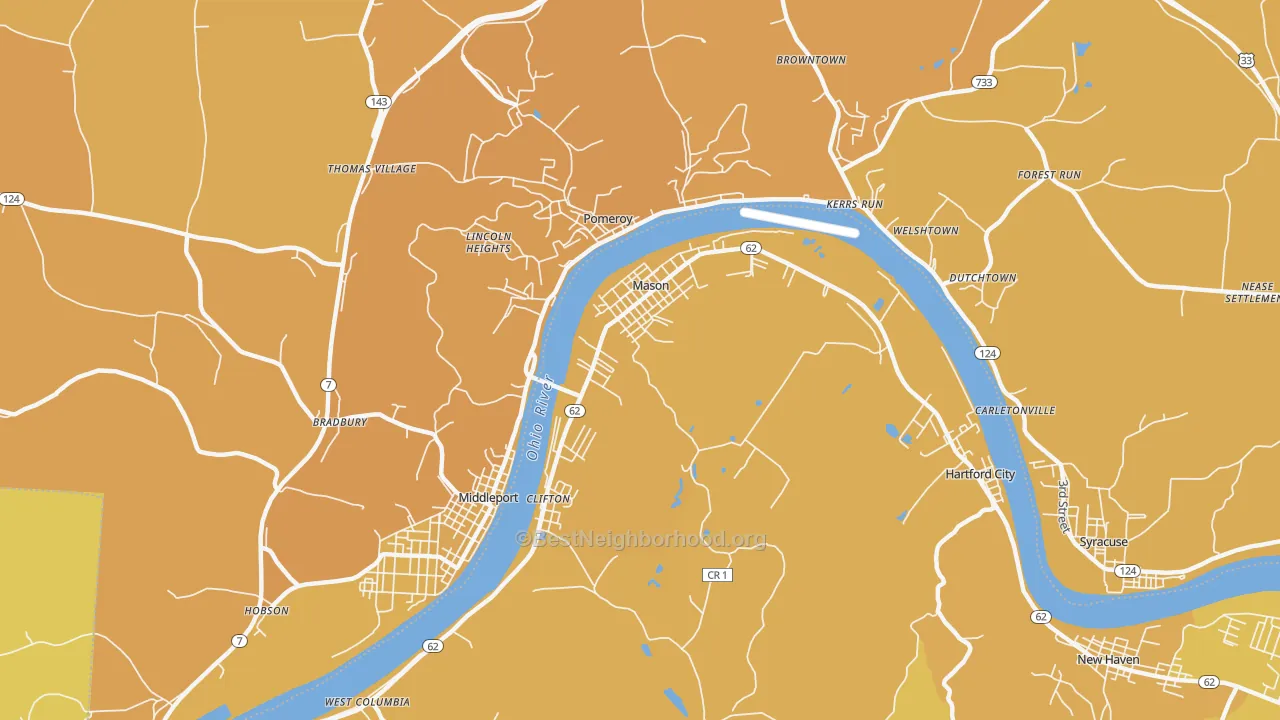 Map of the best neighborhoods in the Mason area, with better matches in green and worse matches in red
