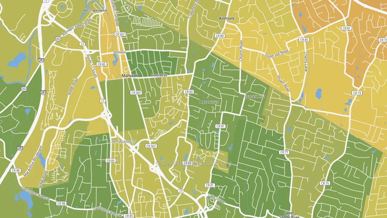 Map of the best neighborhoods in the Masonicus, Mahwah area, with better matches in green and worse matches in red