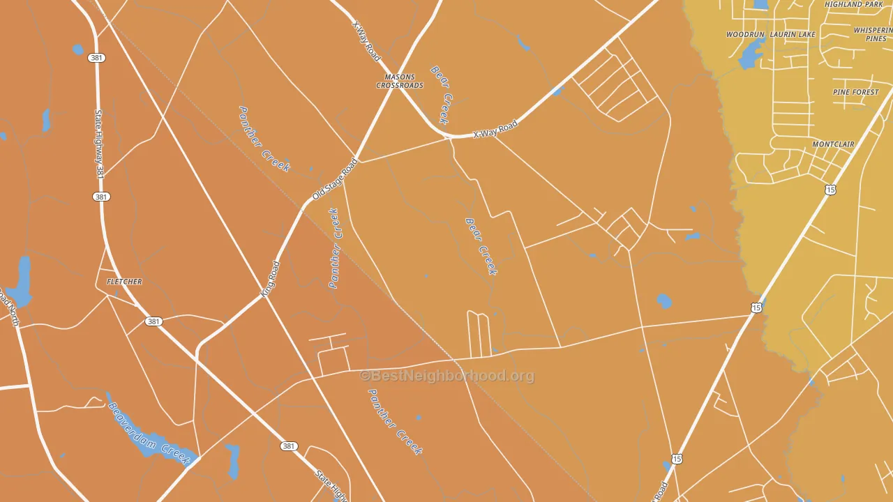 Map of the best neighborhoods in the Masons Crossroads area, with better matches in green and worse matches in red