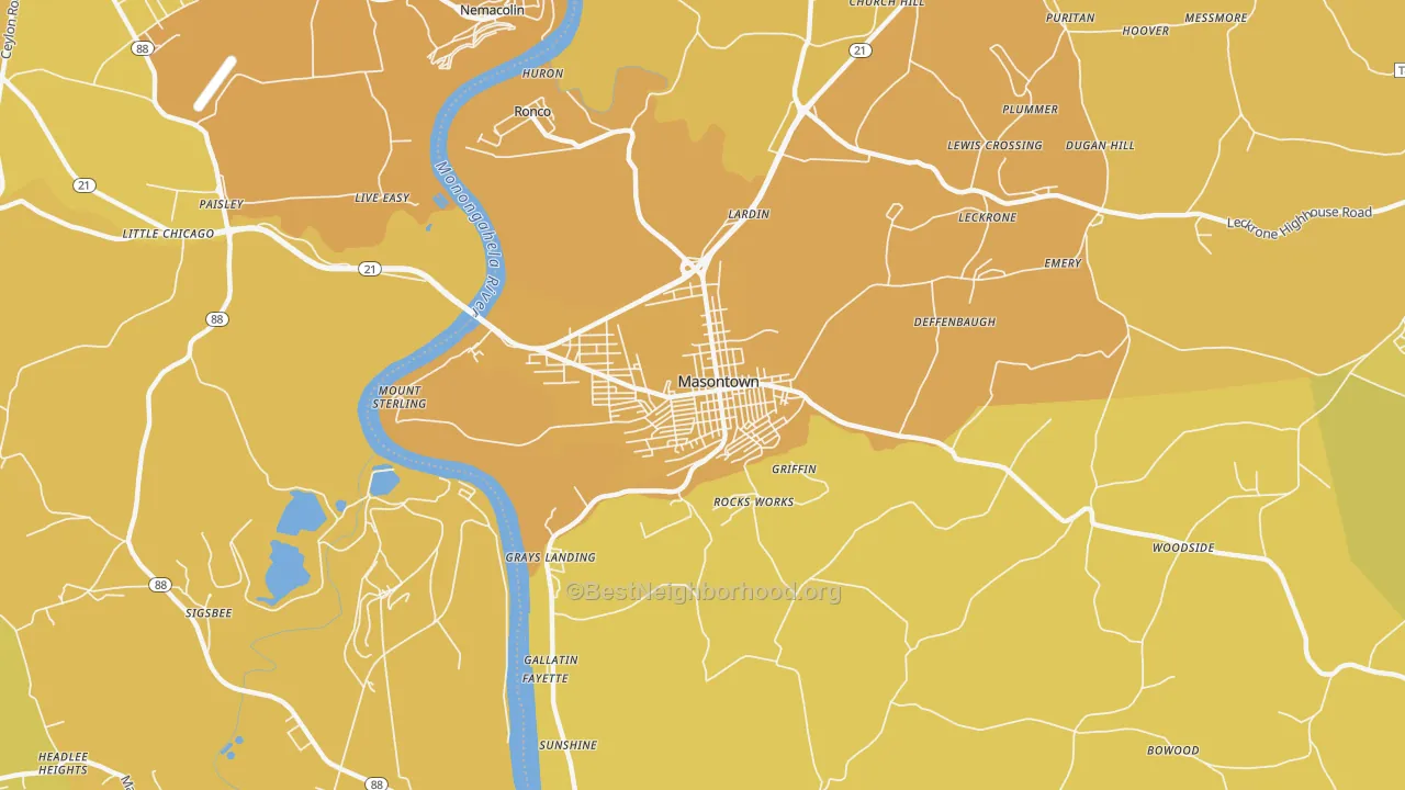Map of the best neighborhoods in the Masontown area, with better matches in green and worse matches in red