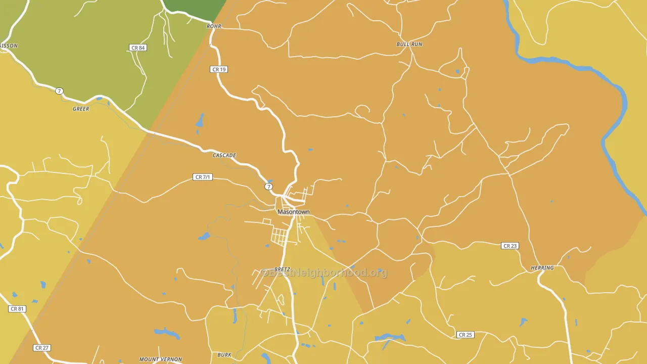 Map of the best neighborhoods in the Masontown area, with better matches in green and worse matches in red