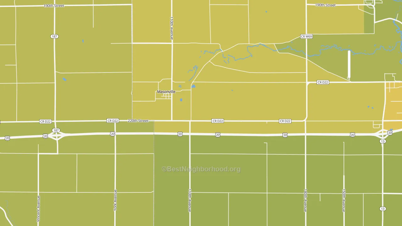 Map of the best neighborhoods in the Masonville area, with better matches in green and worse matches in red
