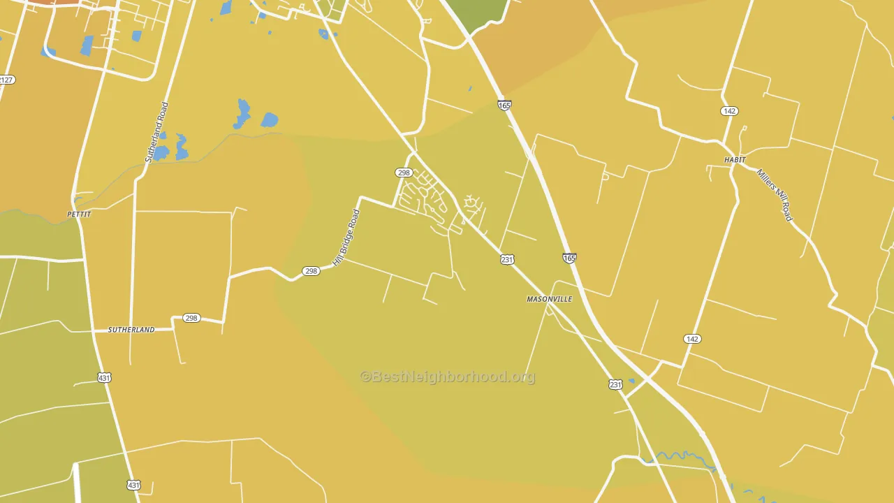 Map of the best neighborhoods in the Masonville area, with better matches in green and worse matches in red