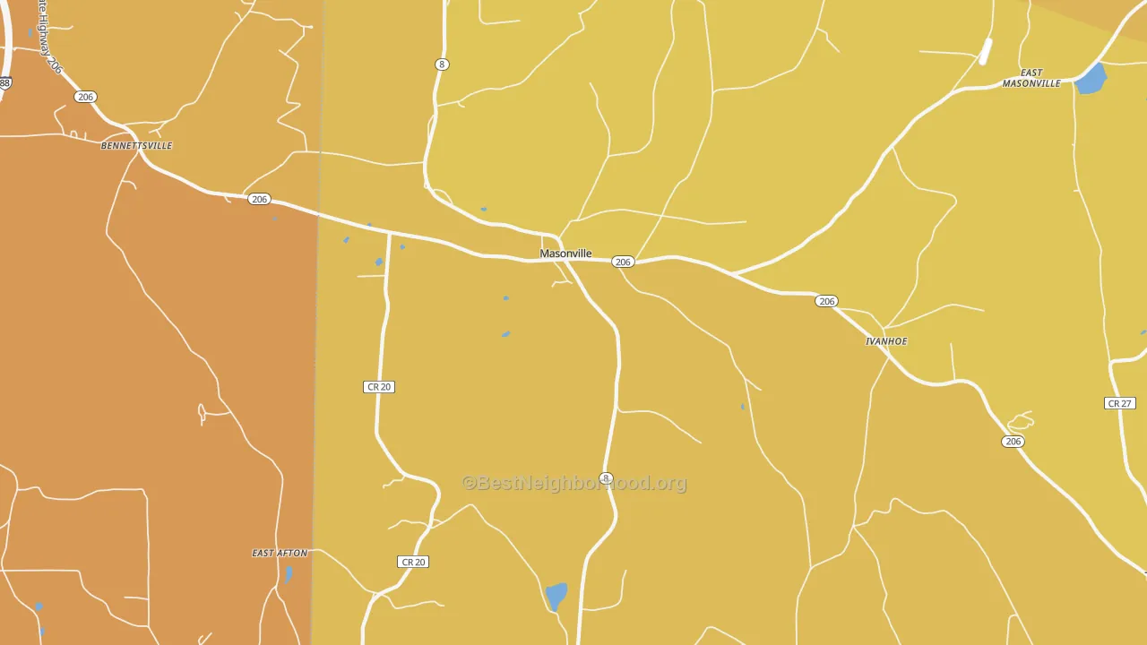 Map of the best neighborhoods in the Masonville area, with better matches in green and worse matches in red