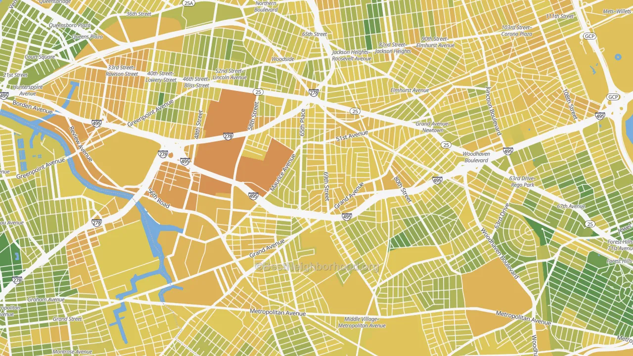 Map of the best neighborhoods in the Maspeth, Queens area, with better matches in green and worse matches in red