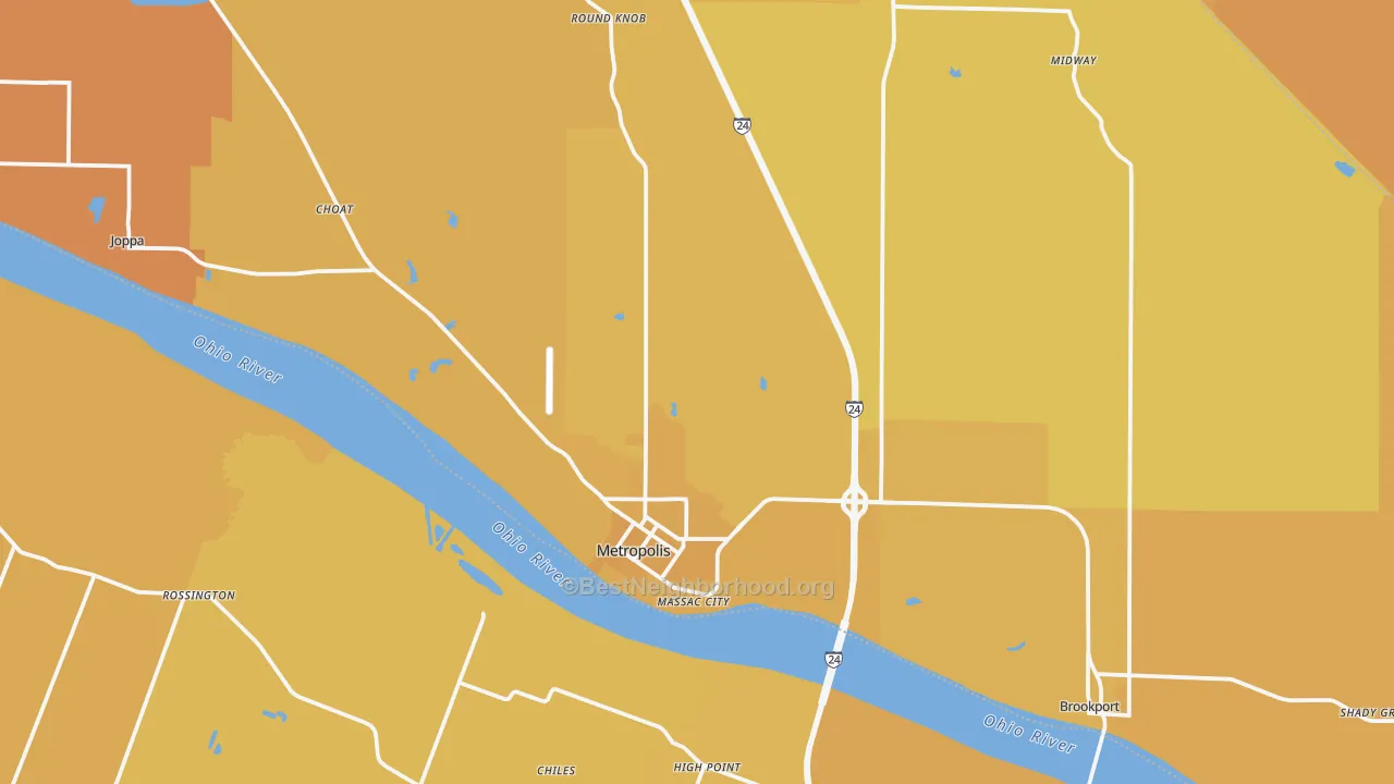 Map of the best neighborhoods in the Massac County area, with better matches in green and worse matches in red