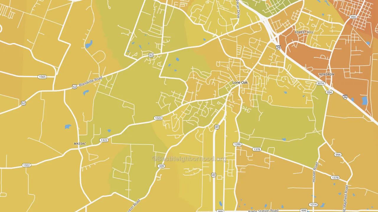 Map of the best neighborhoods in the Massac area, with better matches in green and worse matches in red