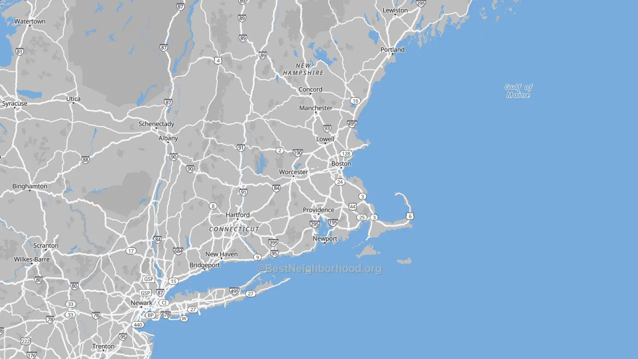 Map of the best neighborhoods in the Massachusetts area, with better matches in green and worse matches in red