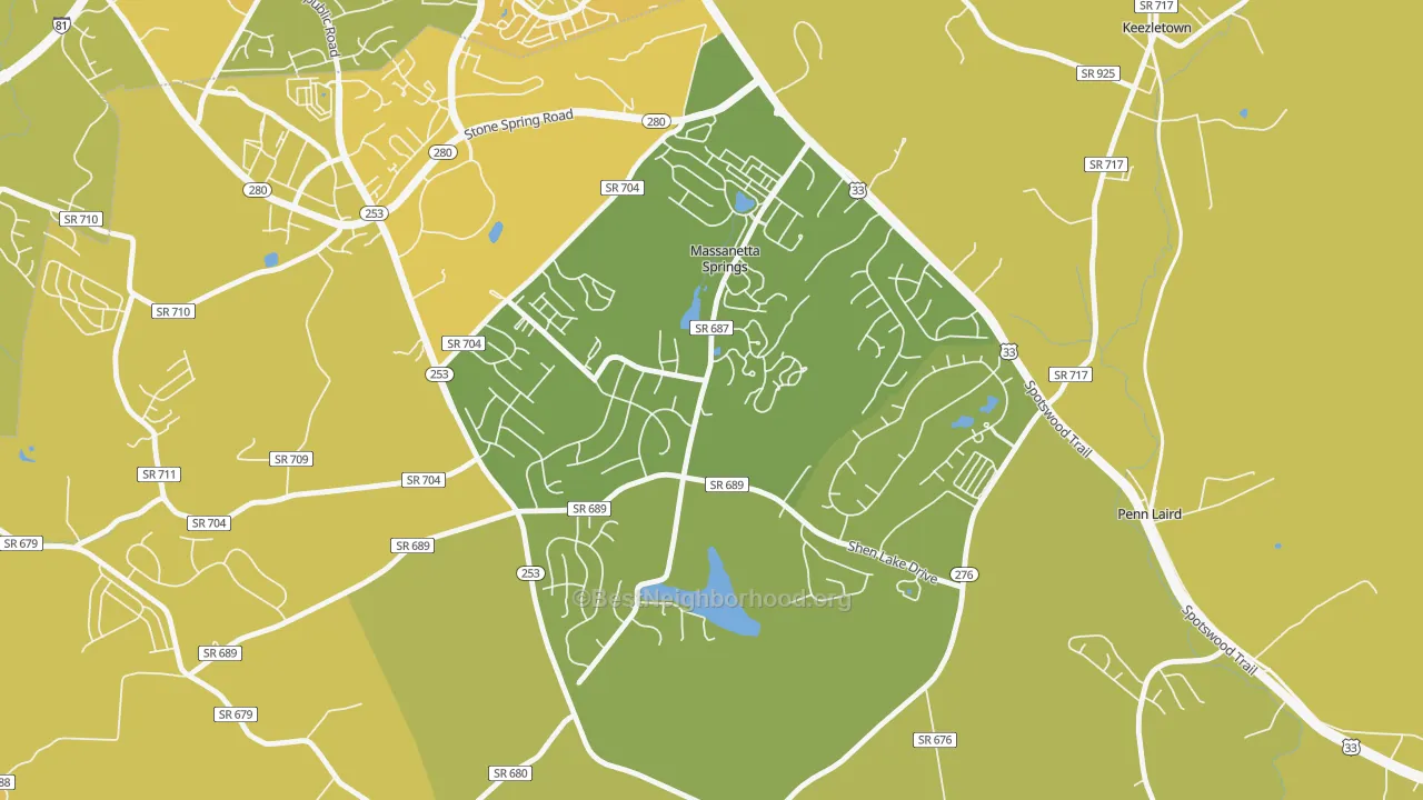 Map of the best neighborhoods in the Massanetta Springs area, with better matches in green and worse matches in red