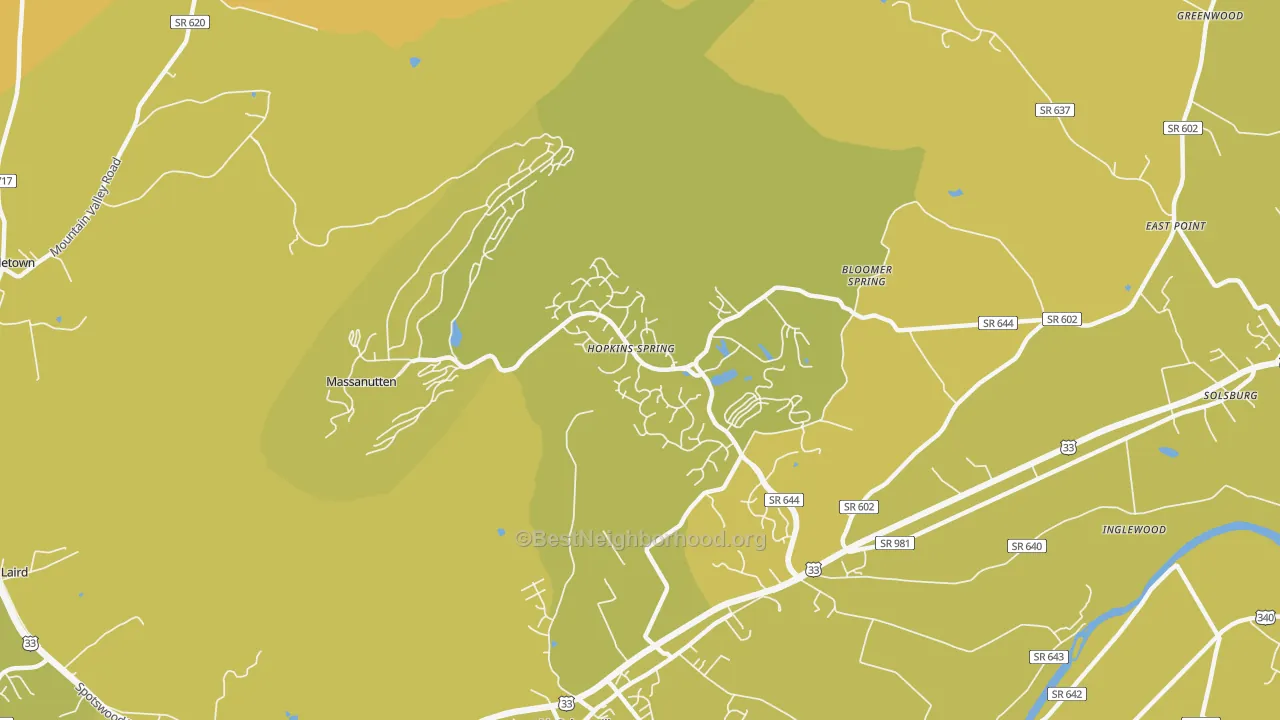 Map of the best neighborhoods in the Massanutten area, with better matches in green and worse matches in red