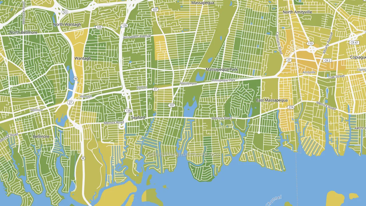 Map of the best neighborhoods in the Massapequa area, with better matches in green and worse matches in red