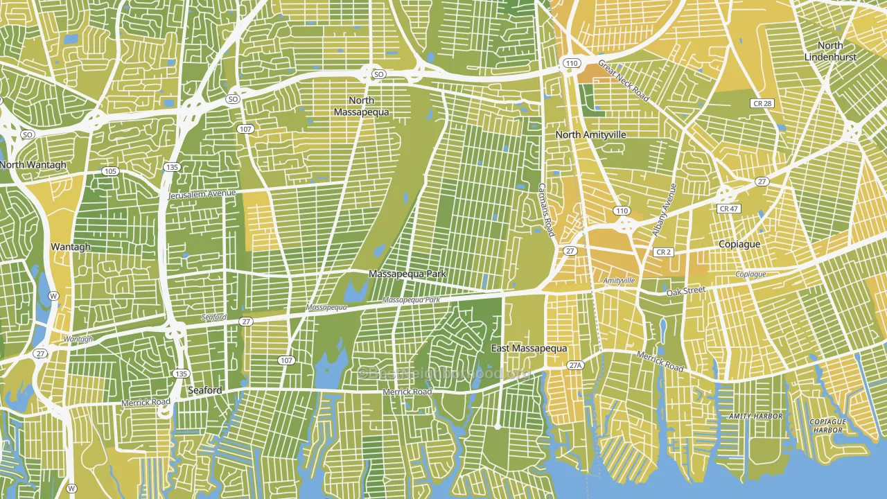 Map of the best neighborhoods in the Massapequa Park area, with better matches in green and worse matches in red