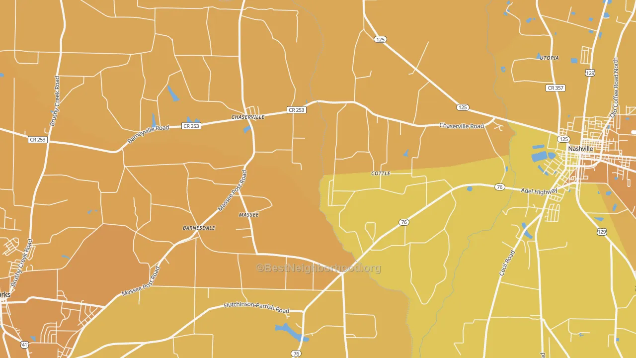 Map of the best neighborhoods in the Massee area, with better matches in green and worse matches in red