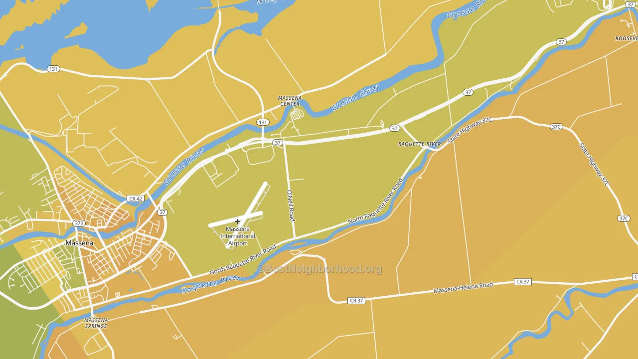 Map of the best neighborhoods in the Massena Center area, with better matches in green and worse matches in red