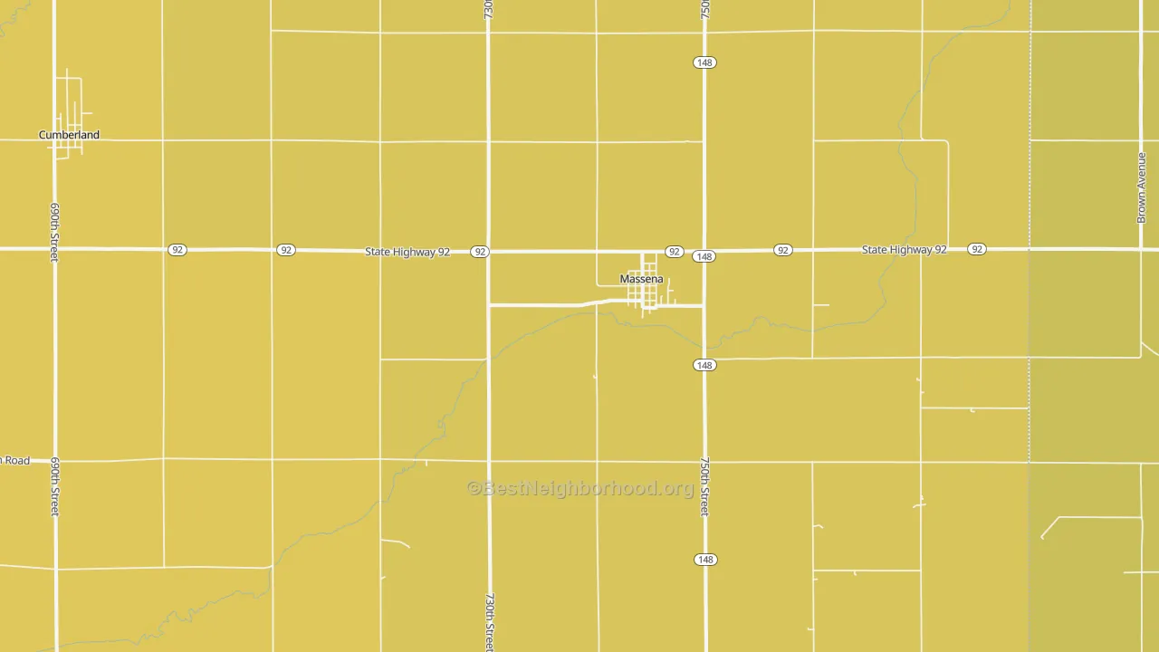 Map of the best neighborhoods in the Massena area, with better matches in green and worse matches in red
