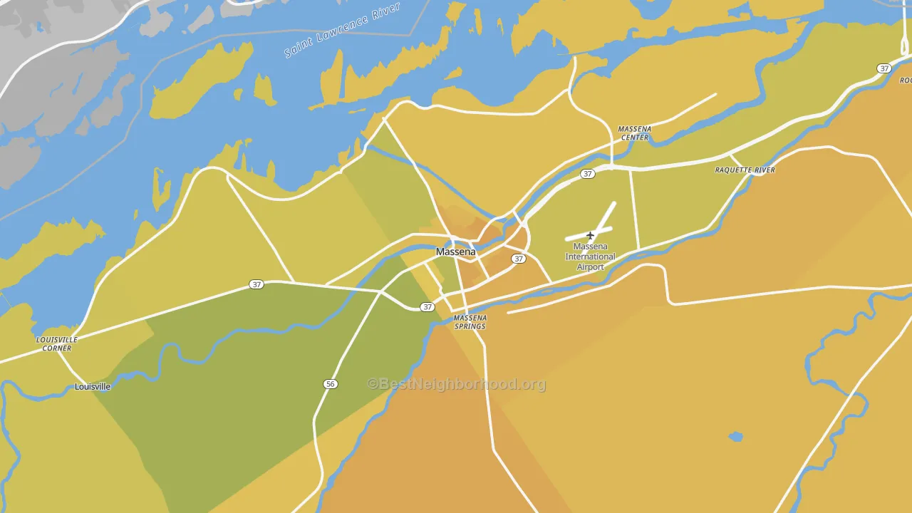 Map of the best neighborhoods in the Massena area, with better matches in green and worse matches in red